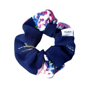 Chouchou élastique pour cheveux - Crêpe lycra fleuri marine