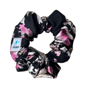 Chouchou élastique pour cheveux - Fleuri noir rose métallique