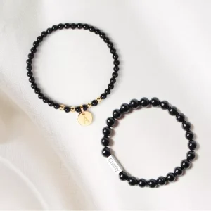 Coffret duo pour couple - Bracelets personnalisés perles Agates noires