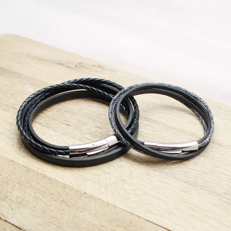 Coffret duo pour couple - Bracelets personnalisés Cuir et Acier