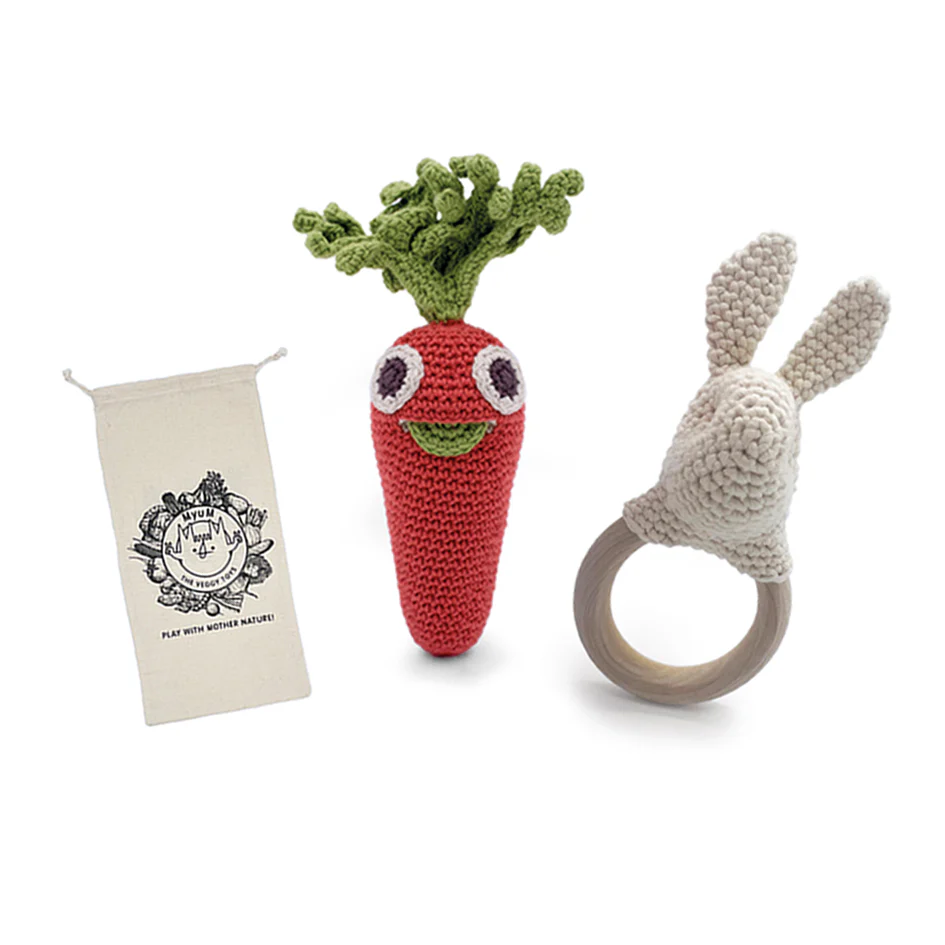 Coffret Lapinou & Hochet Carotte 🥕👀🐰 hochet et teether en crochet 100% coton bio – Image 2