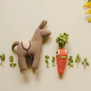 Coffret Donkey 🥕👀🫏 hochet et boite à musique en crochet 100% coton bio