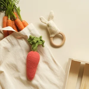 Coffret Lapinou & Hochet Carotte 🥕🐰 hochet et teether en crochet 100% coton bio