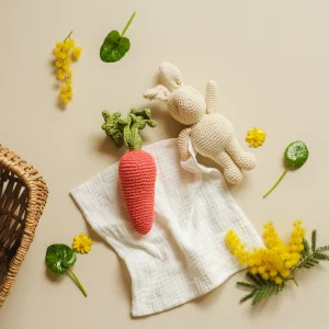 Coffret Doudou Lapinou & Hochet Carotte 🥕🐰 hochet et doudou en crochet 100% coton bio