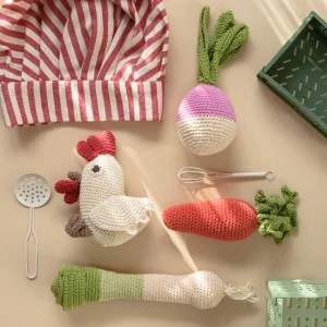 Coffret Poule-au-Pot sans les yeux 🐔🥕 hochets en crochet 100% coton bio