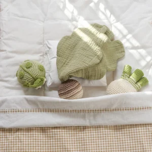 Coffret Green Morning 🍀🌞 hochet, pulling toy et doudou en crochet 100% coton bio