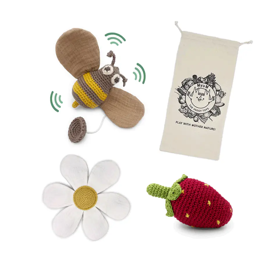 Coffret Pollinisation 🐝 hochet, pulling toy et doudou en crochet 100% coton bio – Image 2