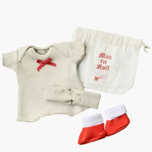 Babies – Ensemble « Mon Premier Noël » avec body shorty / headband en bord côte lin et chaussons rouges